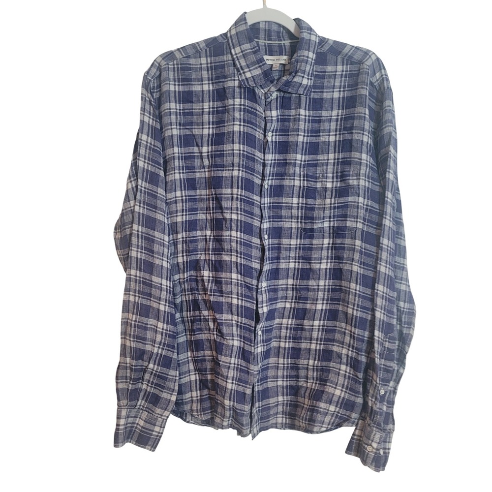 Peter Millar Men Blue White Plaid 100% Linen Long Sleeve Button Down Shirt Large
